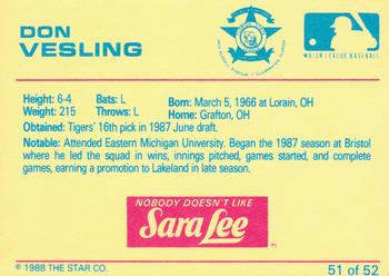 1988 Star Florida State League All-Stars #51 Don Vesling Back