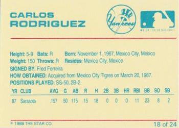 1988 Star Ft. Lauderdale Yankees #18 Carlos Rodriguez Back