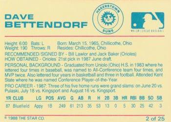 1988 Star Hagerstown Suns #2 Dave Bettendorf Back