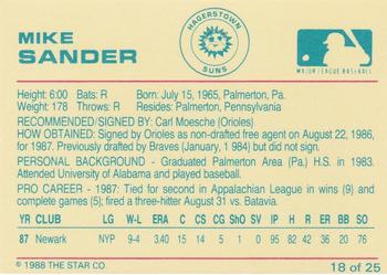 1988 Star Hagerstown Suns #18 Mike Sander Back