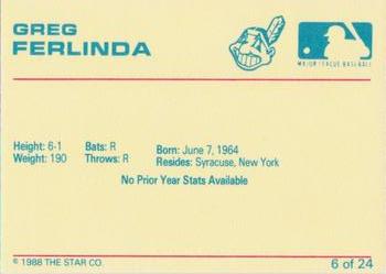 1988 Star Kinston Indians #6 Greg Ferlenda Back