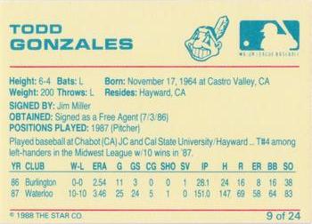 1988 Star Kinston Indians #9 Todd Gonzales Back
