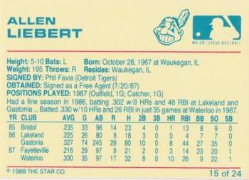 1988 Star Kinston Indians #15 Allen Liebert Back