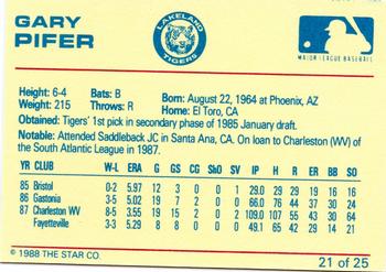 1988 Star Lakeland Tigers #21 Gary Pifer Back