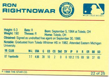 1988 Star Lakeland Tigers #22 Ron Rightnowar Back
