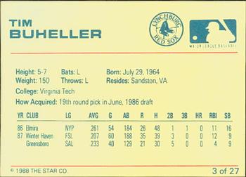 1988 Star Lynchburg Red Sox #3 Tim Buheller Back