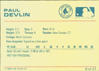 1988 Star Lynchburg Red Sox #6 Paul Devlin Back