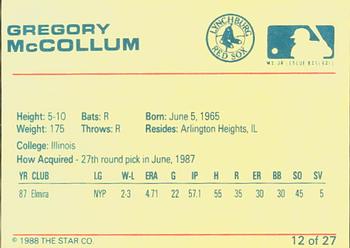 1988 Star Lynchburg Red Sox #12 Gregory McCollum Back