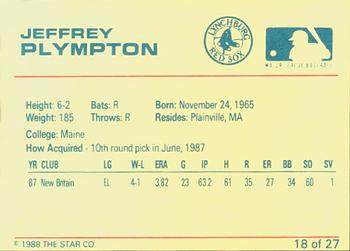 1988 Star Lynchburg Red Sox #18 Jeffrey Plympton Back