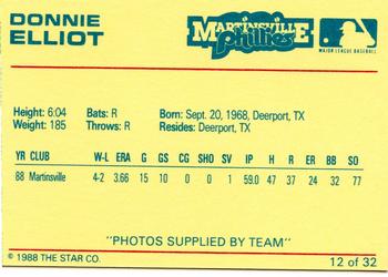 1988 Star Martinsville Phillies Red #12 Donnie Elliott Back