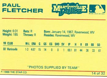 1988 Star Martinsville Phillies Red #14 Paul Fletcher Back