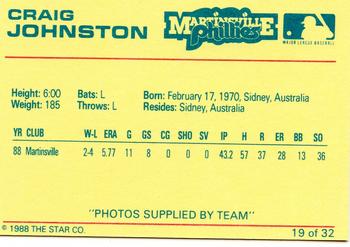 1988 Star Martinsville Phillies Red #19 Craig Johnston Back