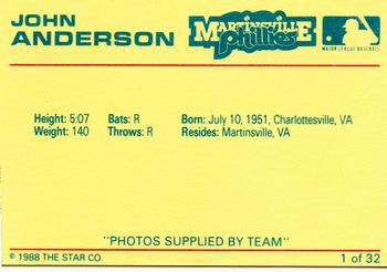 1988 Star Martinsville Phillies Red #1 John Anderson Back