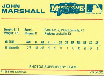 1988 Star Martinsville Phillies Red #26 John Marshall Back