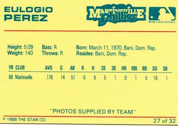 1988 Star Martinsville Phillies Red #27 Eulogio Perez Back