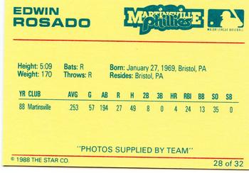 1988 Star Martinsville Phillies Red #28 Edwin Rosado Back