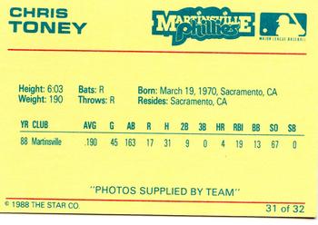 1988 Star Martinsville Phillies Red #31 Chris Toney Back