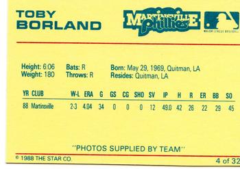 1988 Star Martinsville Phillies Red #4 Toby Borland Back