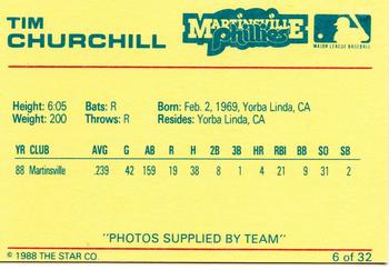 1988 Star Martinsville Phillies Red #6 Tim Churchill Back