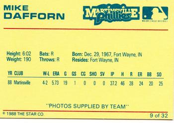1988 Star Martinsville Phillies Red #9 Mike Dafforn Back