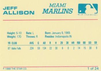 1988 Star Miami Marlins #1 Jeff Allison Back