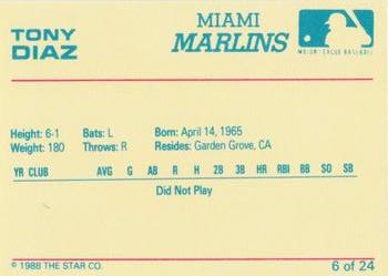 1988 Star Miami Marlins #6 Tony Diaz Back