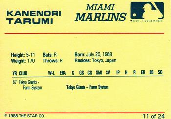 1988 Star Miami Marlins #11 Kanenori Tarumi Back
