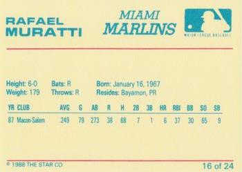1988 Star Miami Marlins #16 Rafael Muratti Back