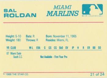 1988 Star Miami Marlins #21 Sal Roldan Back