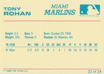 1988 Star Miami Marlins #22 Tony Rohan Back
