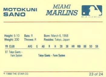 1988 Star Miami Marlins #23 Motokuni Sano Back