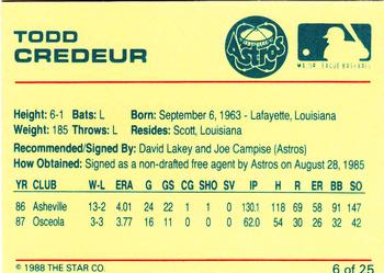 1988 Star Osceola Astros #6 Todd Credeur Back