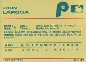 1988 Star Spartanburg Phillies #10 John Larosa Back