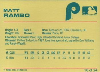 1988 Star Spartanburg Phillies #16 Matt Rambo Back
