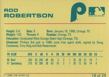 1988 Star Spartanburg Phillies #18 Rod Robertson Back