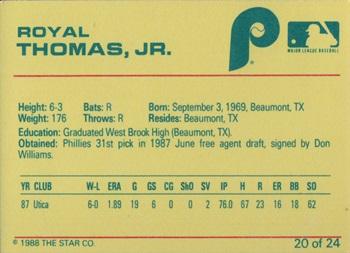 1988 Star Spartanburg Phillies #20 Royal Thomas Back