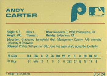 1988 Star Spartanburg Phillies #3 Andy Carter Back
