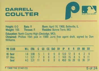 1988 Star Spartanburg Phillies #5 Darrell Coulter Back