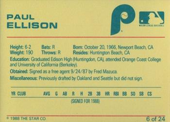 1988 Star Spartanburg Phillies #6 Paul Ellison Back