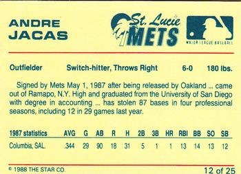 1988 Star St. Lucie Mets #12 Andre Jacas Back