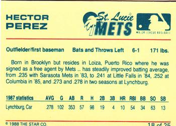 1988 Star St. Lucie Mets #18 Hector Perez Back