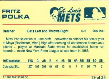 1988 Star St. Lucie Mets #19 Fritz Polka Back