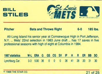 1988 Star St. Lucie Mets #21 Bill Stiles Back