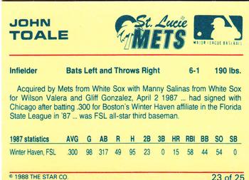 1988 Star St. Lucie Mets #23 John Toale Back