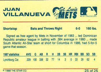1988 Star St. Lucie Mets #25 Juan Villanueva Back