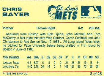 1988 Star St. Lucie Mets #2 Chris Bayer Back