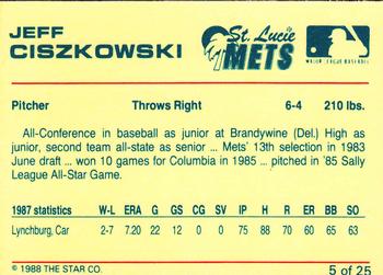 1988 Star St. Lucie Mets #5 Jeff Ciszkowski Back