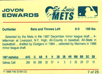 1988 Star St. Lucie Mets #7 Jovon Edwards Back