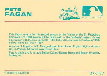 1988 Star St. Petersburg Cardinals #27 Pete Fagan Back