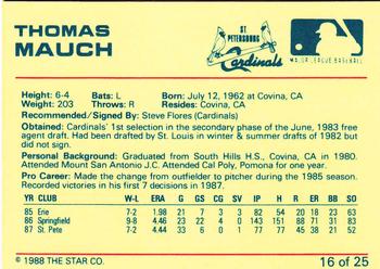 1988 Star St. Petersburg Cardinals #16 Thomas Mauch Back